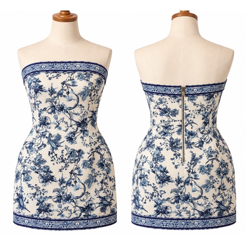 Alice + Olivia Blue Floral Strapless Mini Dress Toile Sheath Back Zip Sz 6